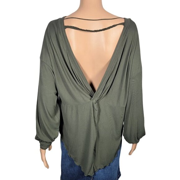 Free People Women's Shimmy Shake Dark Green Ribbed Oversized Top V Back Size XS - Picture 7 of 12